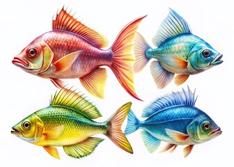Naklejka premium Thin, Light, Regular & Bold Fish Icons: Minimalist Design Elements Isolated on White