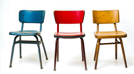 Three vintage school chairs, in different colors and styles, against a white background