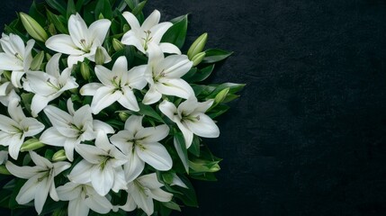 A bouquet of white lilies on a dark background.