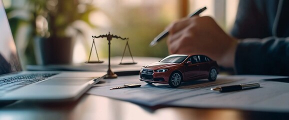 A desk scene with a toy car, scales of justice, and a laptop, suggesting legal work.