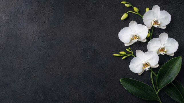 White orchids on a dark background with green leaves.