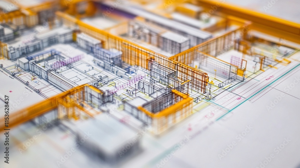 Poster a detailed architectural blueprint showcasing building layout and design elements.