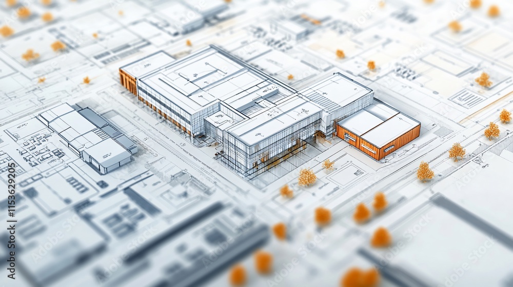 Poster a detailed architectural rendering of a modern building layout.