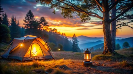Twilight Campsite: Lantern Light & Bokeh Tent Scene - Peaceful Nature Stock Photo