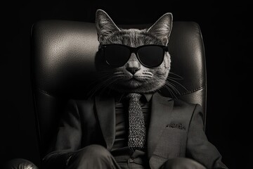 Animal portraits, cool business animal in sunglasses and suit. With copy text space. in the chair. business style. multi-colored monochromatic dark background
