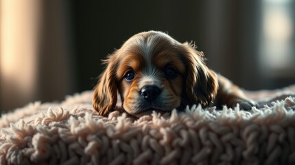 A tiny Cocker Spaniel puppy is comfortably lounging on a fluffy blanket, displaying a playful demeanor while soaking in the calm atmosphere of a cozy room