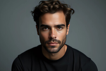 Fototapeta premium Man in black t-shirt on grey background, closeup