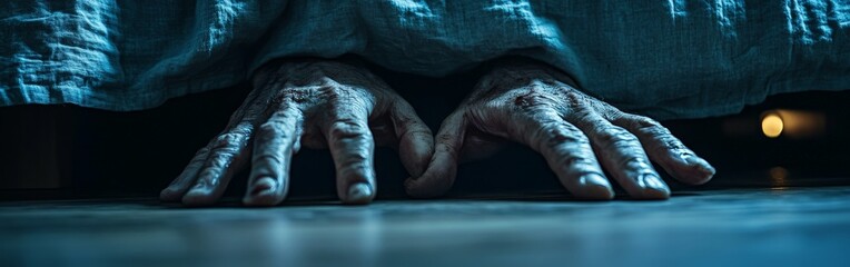Creepy Hands Emerging from Under Bed in Dark Eerie Room