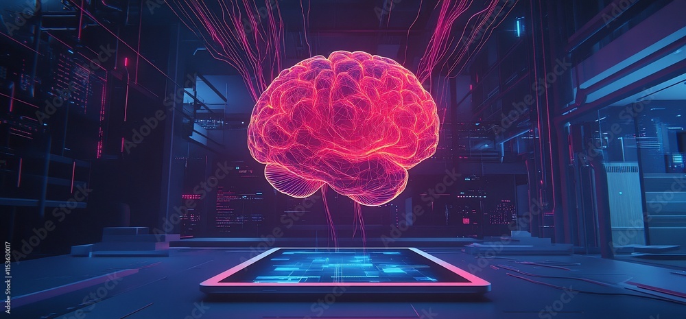 Poster a digital brain hologram emerging from a tablet in a futuristic setting.
