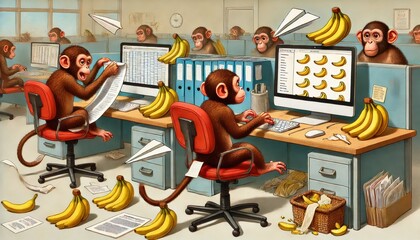 Monkeys sit at desks in an office setting creating bananas.