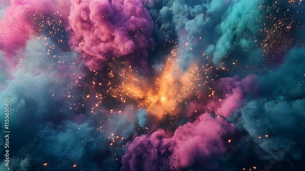 Poster vivid explosion with layers of pink gold and teal creating dynamic cascade of smoke and glowing frag