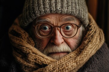 An elderly man with large glasses and a surprised expression, wearing a knitted hat and a thick scarf. The warm tones and soft focus create an intimate atmosphere. 
