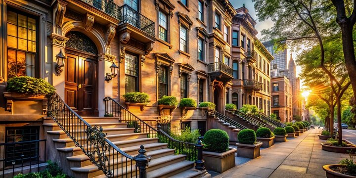 Upscale Brownstone Row, Upper East Side Manhattan, New York City.  Luxury Residential Architecture.