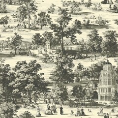 hyper realistic photo of  A Toile de Jouy seamless pattern with elegant Victorian ladies and gentlemen in garden settings