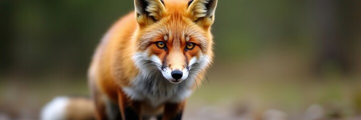 Fototapeta premium A fiery fox with golden eyes stands guard in its natural habitat amid a soft blurred forest backdrop exuding wild beauty and cunning charm