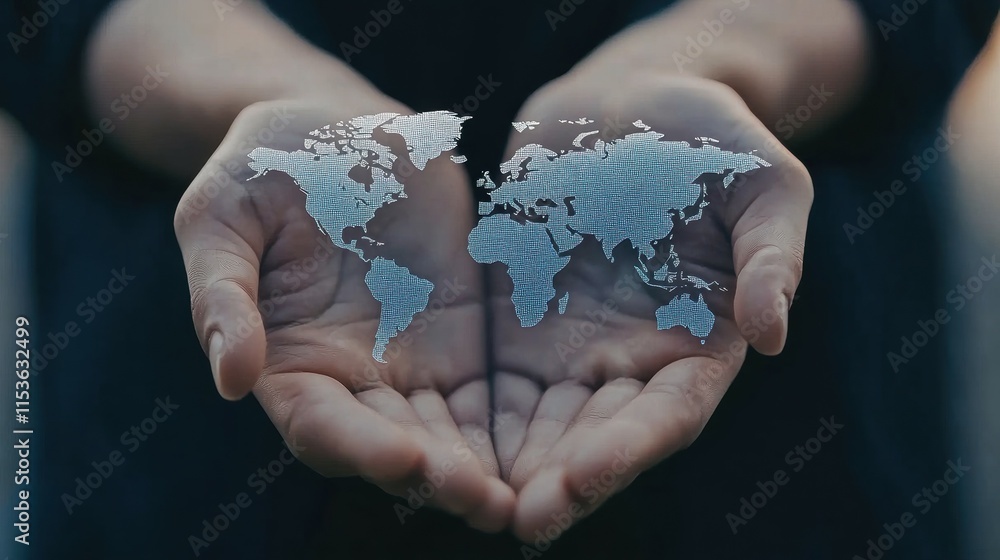 Poster hands holding a holographic world map displaying geography and global connection