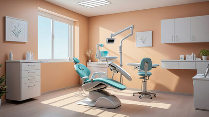 A modern dental clinic with warm peach walls, a blue dental chair, and natural light streaming in. Clean white cabinets, a dental light, and a potted plant create a professional, welcoming environment