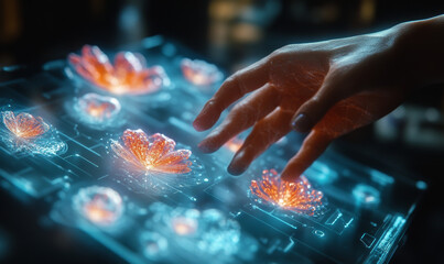 A futuristic quantum computer interface where a human hand interacts with floating, multi-dimensional quantum computational elements