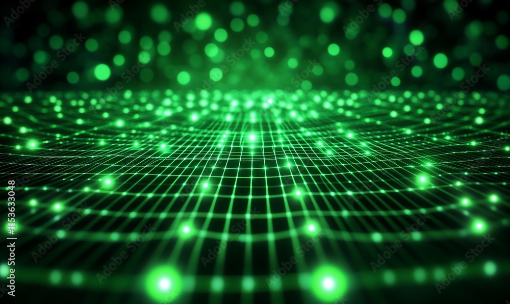 Poster a digital landscape with glowing green dots and a grid pattern.