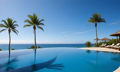 Fototapeta premium A tropical resort with a large infinity pool overlooking the ocean, with a palm tree in the foreground and a clear blue sky in the background