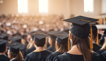 Obraz premium A group of graduates wearing black graduation caps at a commencement ceremony, with the focus on the back of one graduate's cap