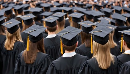 A group of graduates wearing black graduation caps at a commencement ceremony, with the focus on the back of one graduate's cap