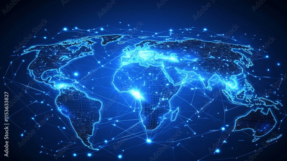 Poster a digital representation of a connected world map with glowing network lines.