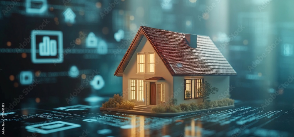 Poster a digital representation of a house surrounded by data and technology elements.