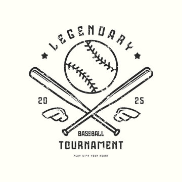 Baseball tournament typographic emblem with rough texture. Thin line style design for t-shirt. Black print on white background