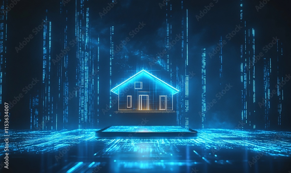Poster a digital representation of a house illuminated in a futuristic setting.