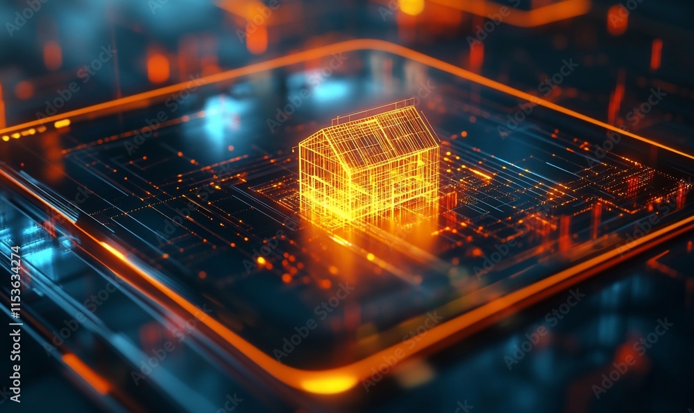 Poster a digital representation of a house within a circuit board design.