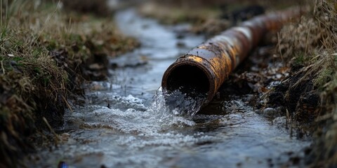 The appearance of contaminated water flowing through corroded metal pipes reflects modern farming practices in Europe and their impact on the environment.