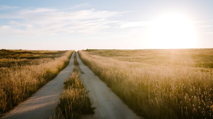 A sunlit country road vanishes into golden wheat fields under a pale blue sky. The image evokes themes of journey, exploration, and rural tranquility.