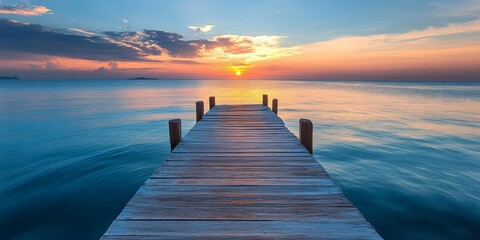 A serene wooden pier offers tranquil views of the ocean during sunset, creating a rustic atmosphere that enhances the calming experience of natures beauty.