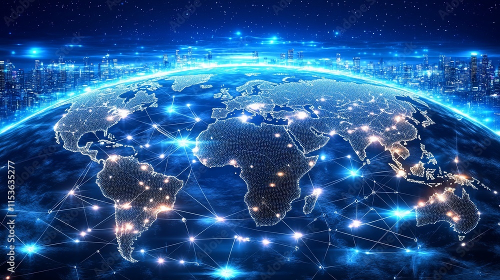 Poster a digital representation of earth connected by a network of lights and lines.