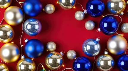 Holiday web banner with shimmering gold and blue baubles and glittering lights of isolated on a red background