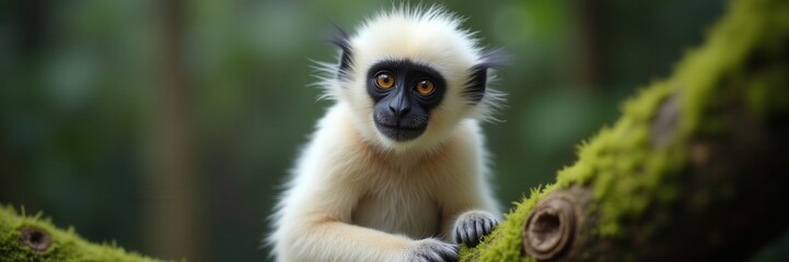 Obraz premium Portrait of a young fluffy monkey with amber eyes perched on a mossy branch in a lush green forest habitat looking directly at the viewer