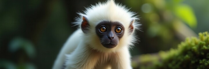 Obraz premium A Captivating Portrait of a Juvenile Silvery Lutung with Intense Amber Eyes Gazing from a Lush Green Forest Canopy