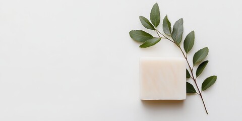 Cosmetic flat lay featuring a white soap beautifully arranged against a white backdrop, complemented by a fresh green sprig, creating an elegant and clean aesthetic in this cosmetic flat lay.