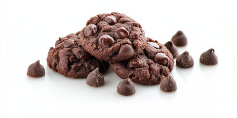 Obraz premium Chocolate drop cookies isolated on a white background showcase delightful treats. These cookies with chocolate drops are perfect for anyone craving a sweet indulgence in a simple, pure form.