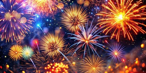 Fototapeta premium Vibrant Fireworks Explosion Close-Up: High-Resolution Stock Photo