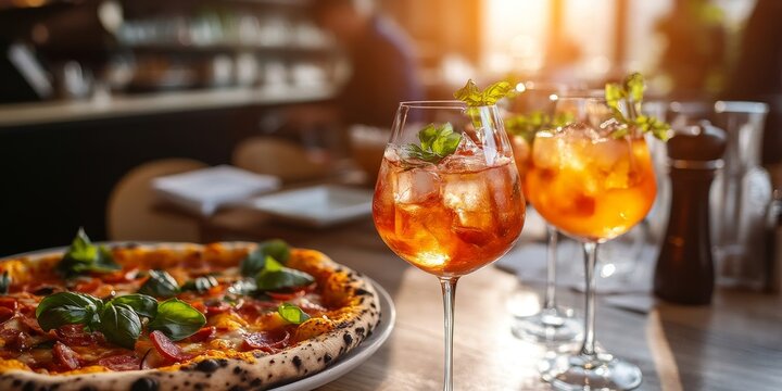 A grand celebration marks the opening of a new restaurant, offering free Aranciata and spritz cocktails. Promotion details are showcased in bright colors at the pizza place.