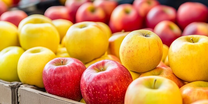 Bright yellow and red apples are showcased for purchase at a market stand. A lively apple orchard is featured at a morning fair, emphasizing fresh farm produce and grocery shopping.