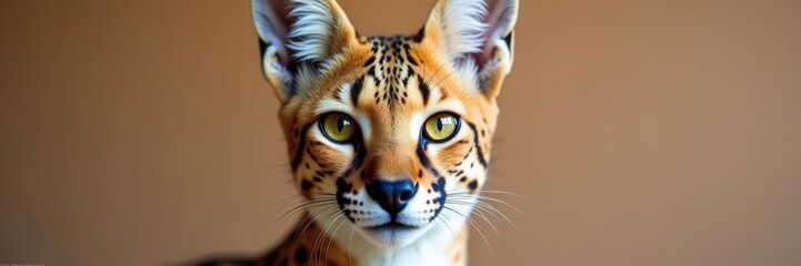 Obraz premium A captivating portrait of a young serval its mesmerizing golden eyes and striking spotted coat set against a warm neutral backdrop