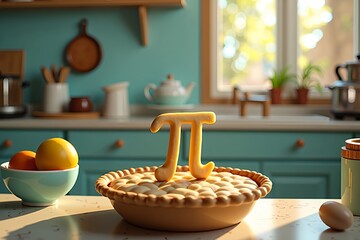 A retro-style poster of a pie with the Pi symbol on top, set in a vintage kitchen with classic utensils and pastel tones, celebrating Pi Day with a warm, nostalgic atmosphere and intricate detailing