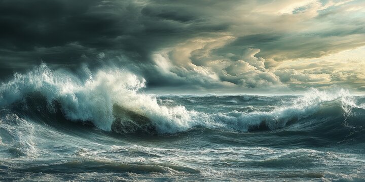 Giant waves crash against the shore as a storm brews at sea, with thunderclouds looming and large sea waves dramatically rising during this intense weather event.