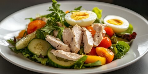 Chicken salad featuring tender pieces of chicken meat, fresh vegetables, and a hard boiled egg, served elegantly on a white plate, captures a delicious and healthy meal idea.
