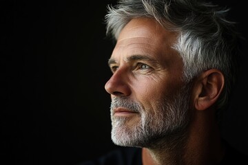 Obraz premium Portrait captures essence of maturity with striking gray hair an