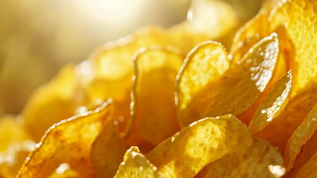 Golden potato chips glistening under bright light create an appetizing snack experience