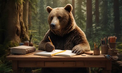 Fototapeta na wymiar Whimsical Bear Writing in a Forest Study – Creative Animal Illustration